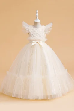 Tule A Line Champagne Girl Dress com Arco