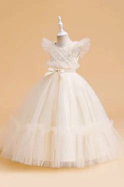 Tule A Line Champagne Girl Dress com Arco