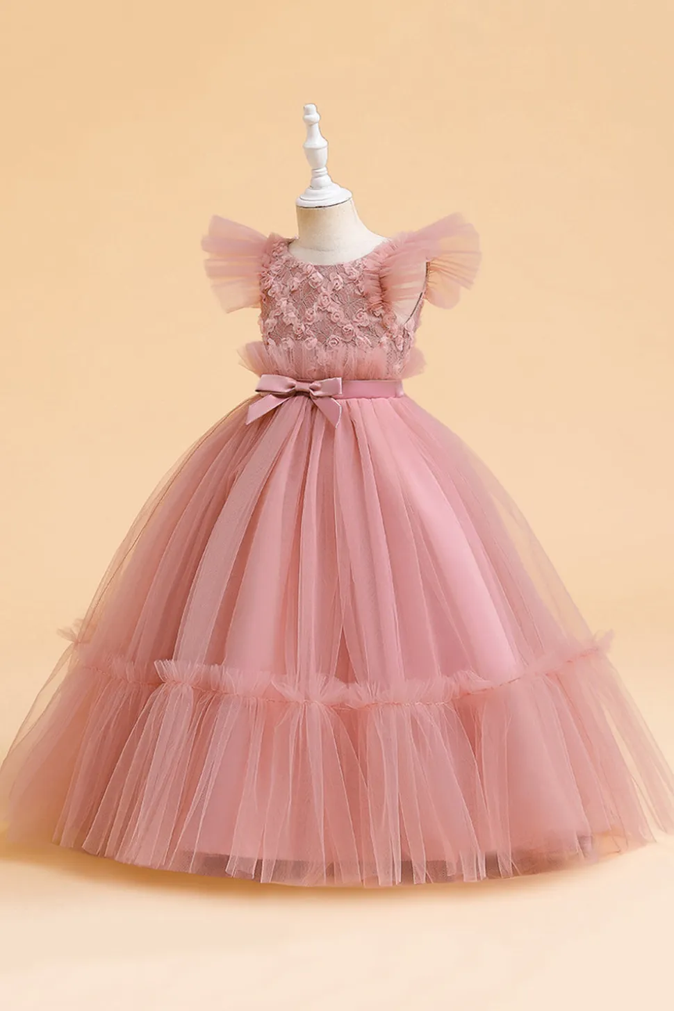 Tule A Line Champagne Girl Dress com Arco