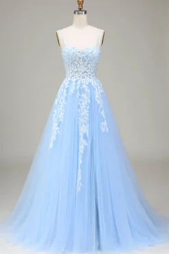 Tule A-Line Esparguete Correias Sky Blue Prom Dress com Apliques