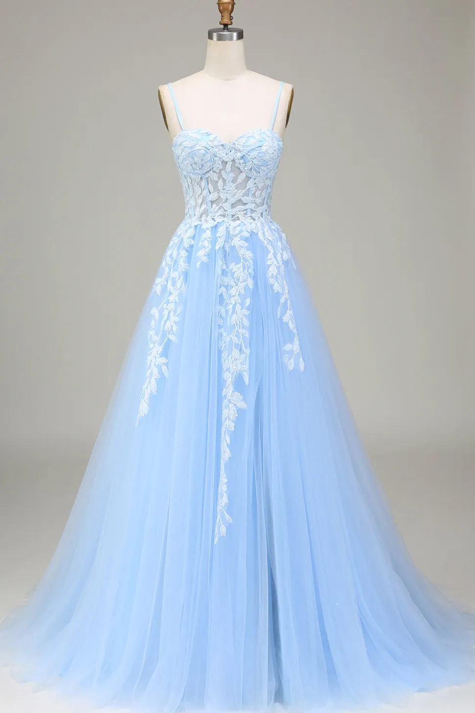 Tule A-Line Esparguete Correias Sky Blue Prom Dress com Apliques
