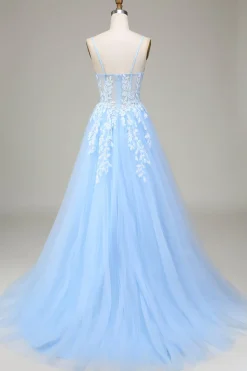 Tule A-Line Esparguete Correias Sky Blue Prom Dress com Apliques