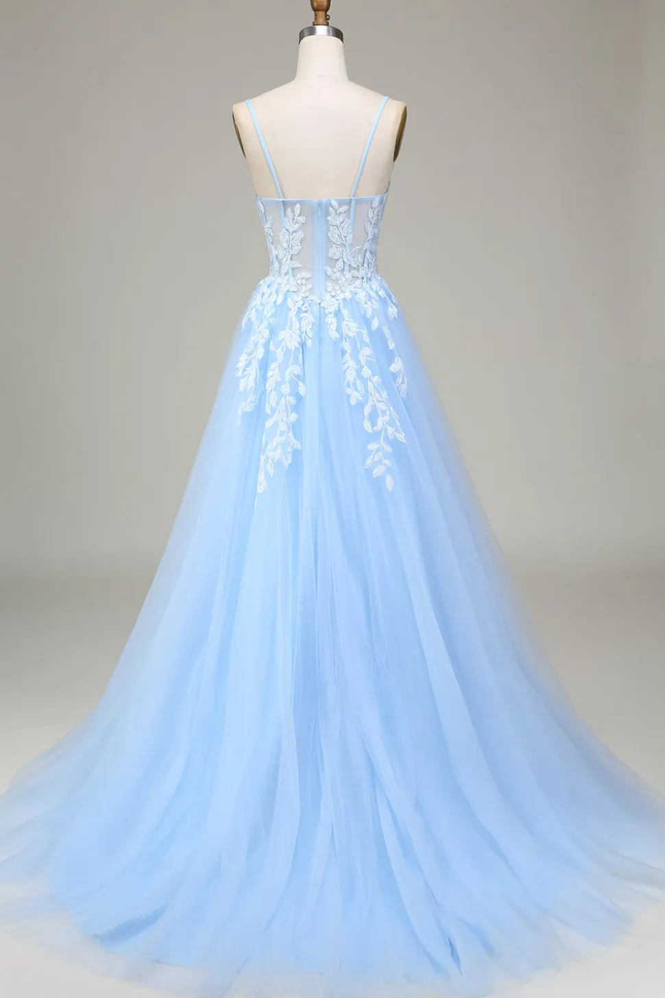Tule A-Line Esparguete Correias Sky Blue Prom Dress com Apliques