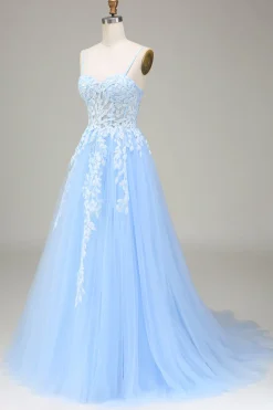 Tule A-Line Esparguete Correias Sky Blue Prom Dress com Apliques