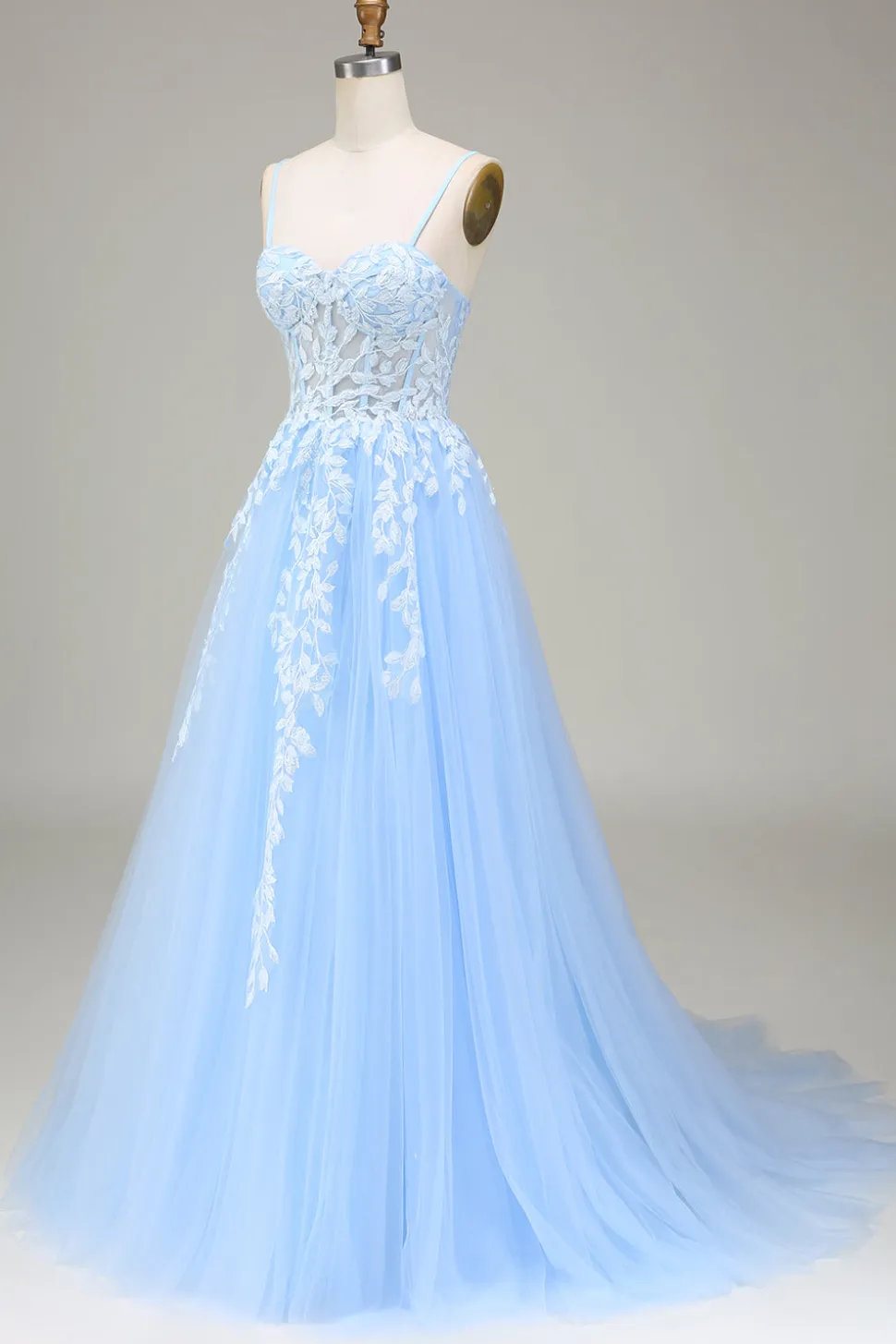 Tule A-Line Esparguete Correias Sky Blue Prom Dress com Apliques
