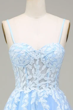Tule A-Line Esparguete Correias Sky Blue Prom Dress com Apliques