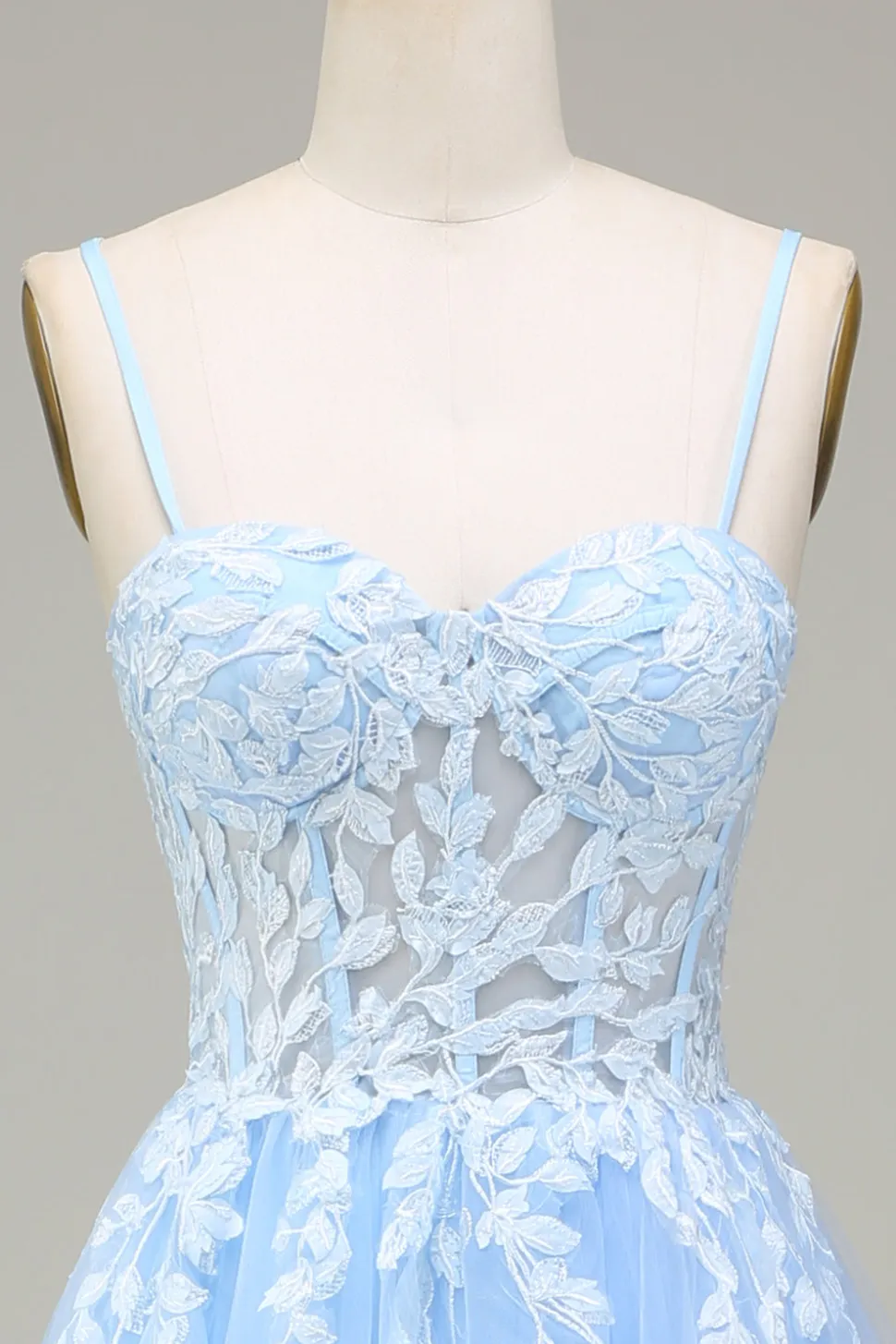 Tule A-Line Esparguete Correias Sky Blue Prom Dress com Apliques