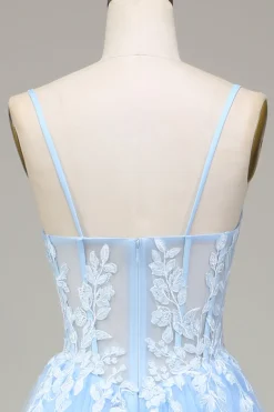 Tule A-Line Esparguete Correias Sky Blue Prom Dress com Apliques