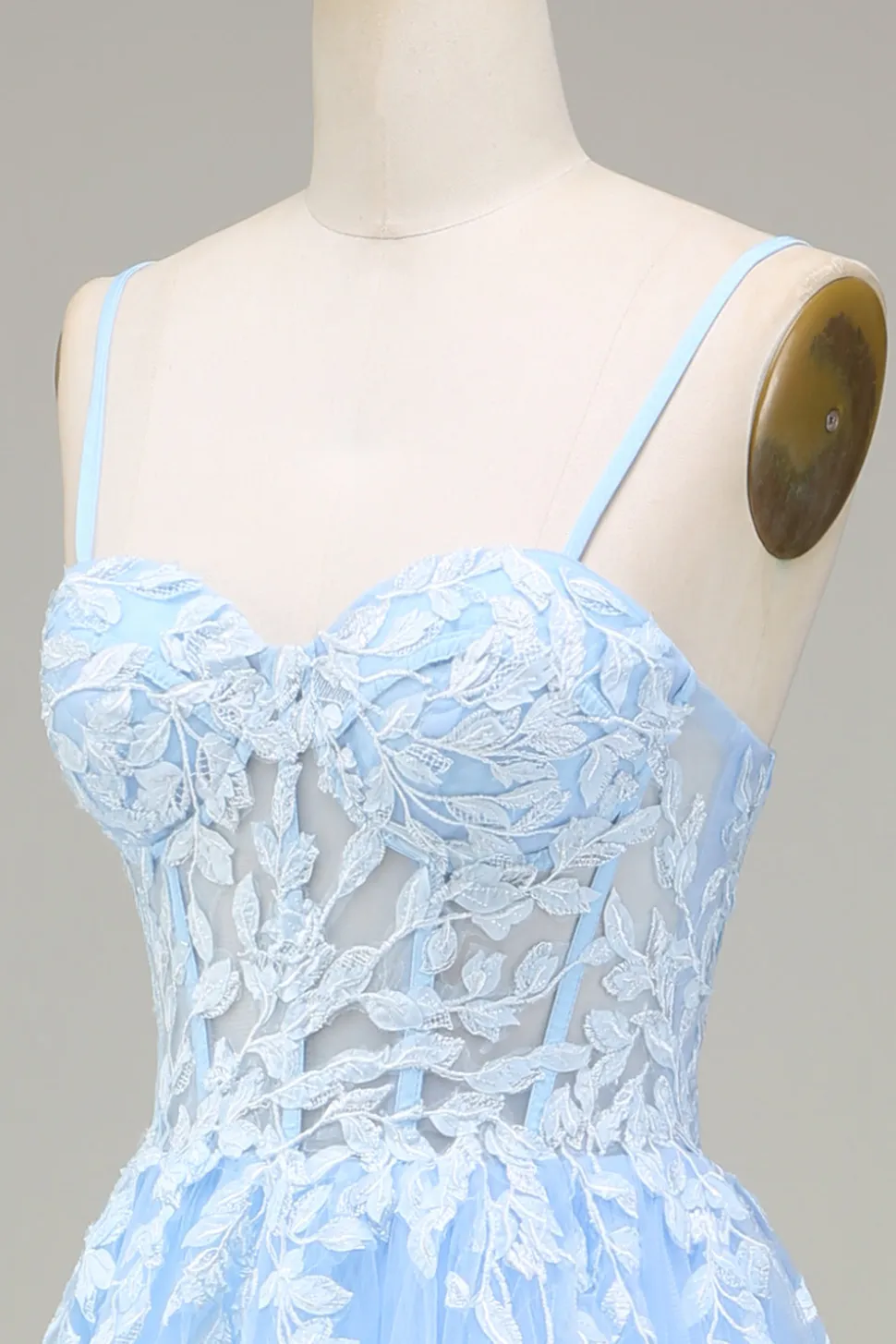 Tule A-Line Esparguete Correias Sky Blue Prom Dress com Apliques