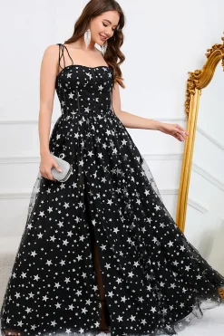 Tule A-Line Esparguete Correias Preto Vestido de Baile com Estrelas