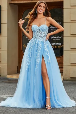 Tule A-Line Esparguete Correias Sky Blue Long Corset Prom Dress com Apliques
