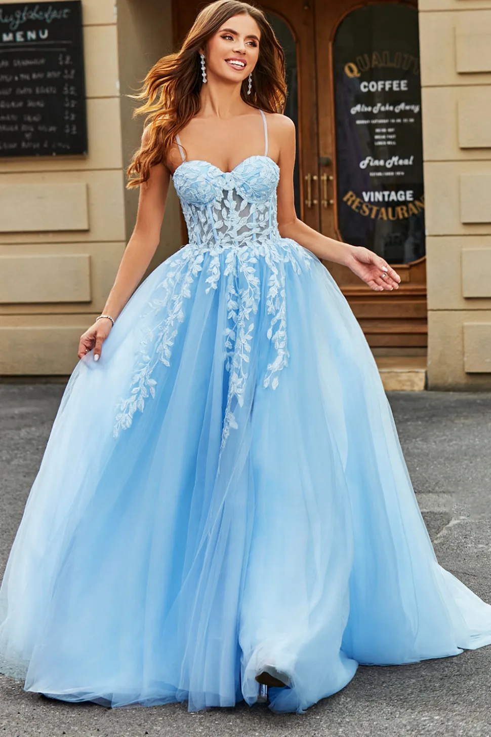 Tule A-Line Esparguete Correias Sky Blue Long Corset Prom Dress com Apliques