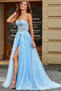 Tule A-Line Esparguete Correias Sky Blue Long Corset Prom Dress com Apliques