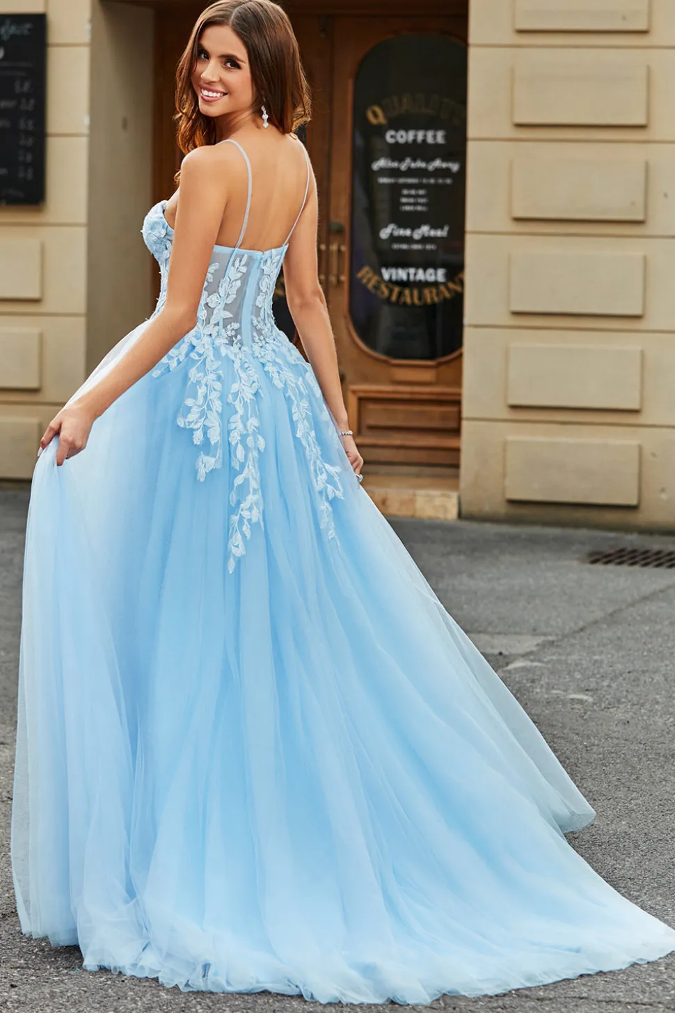 Tule A-Line Esparguete Correias Sky Blue Long Corset Prom Dress com Apliques