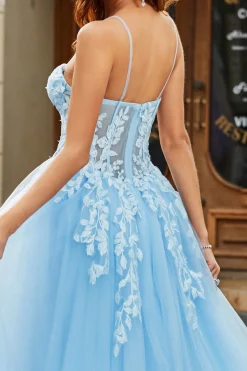 Tule A-Line Esparguete Correias Sky Blue Long Corset Prom Dress com Apliques