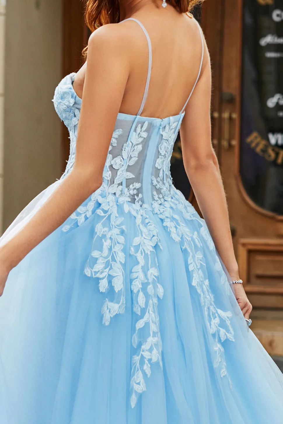 Tule A-Line Esparguete Correias Sky Blue Long Corset Prom Dress com Apliques