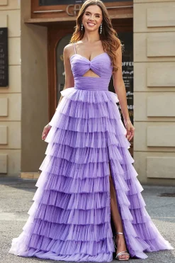 Tule A-Line roxo Tiered Long Prom Dress com fenda