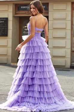 Tule A-Line roxo Tiered Long Prom Dress com fenda