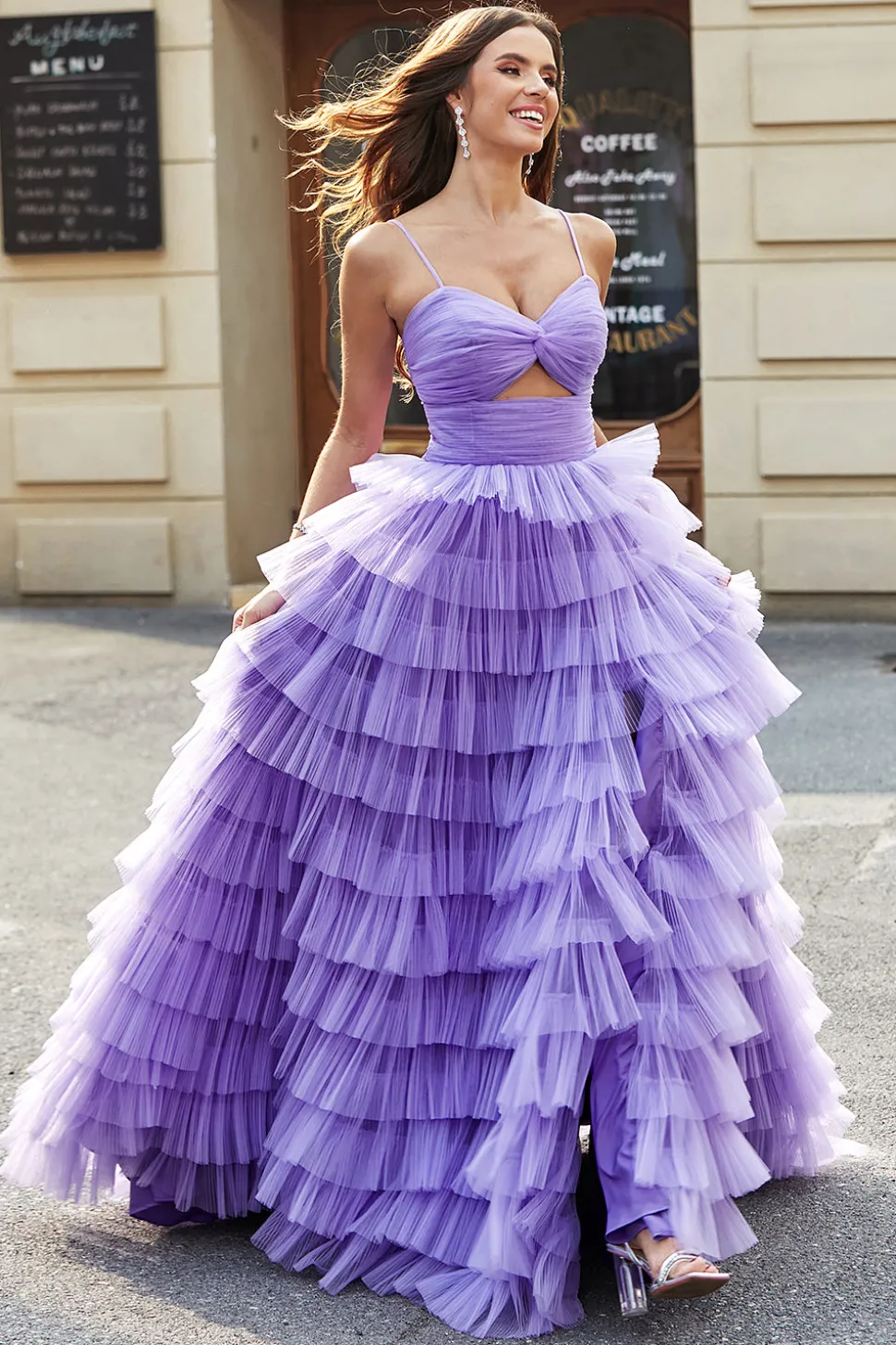 Tule A-Line roxo Tiered Long Prom Dress com fenda