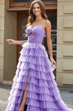 Tule A-Line roxo Tiered Long Prom Dress com fenda