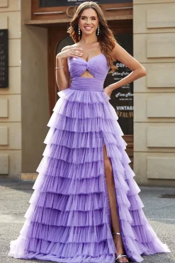 Tule A-Line roxo Tiered Long Prom Dress com fenda