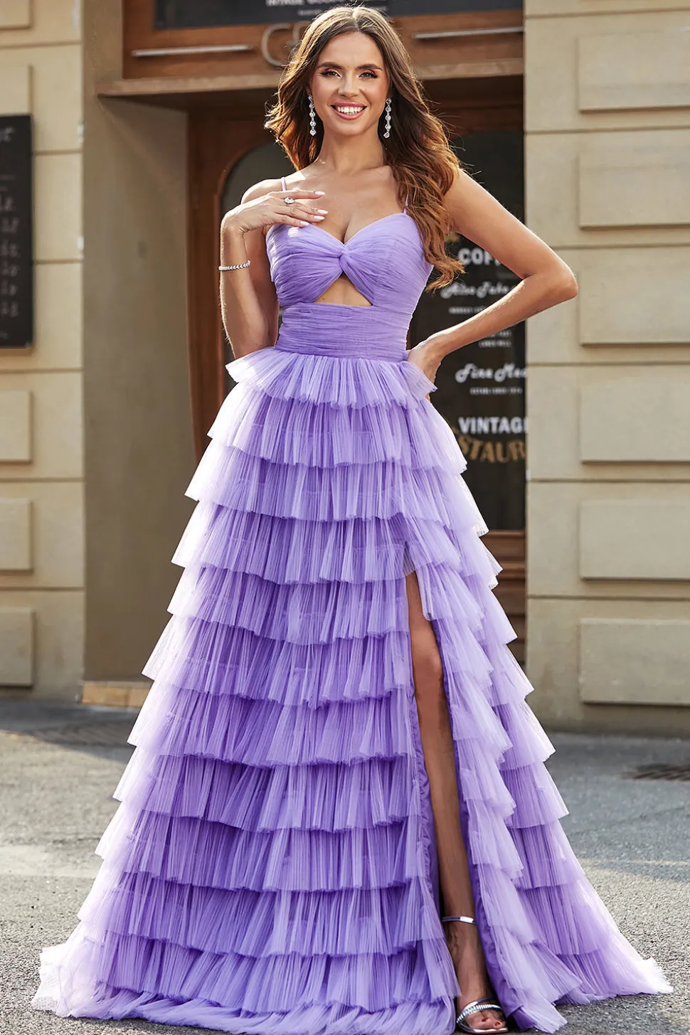 Tule A-Line roxo Tiered Long Prom Dress com fenda