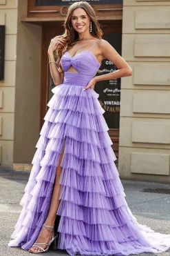 Tule A-Line roxo Tiered Long Prom Dress com fenda