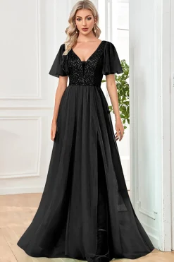Tule A-Line Sequins Preto Vestido Formal com Fenda