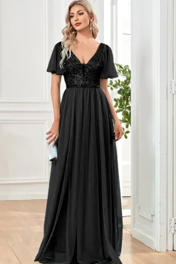 Tule A-Line Sequins Preto Vestido Formal com Fenda