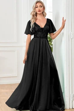 Tule A-Line Sequins Preto Vestido Formal com Fenda