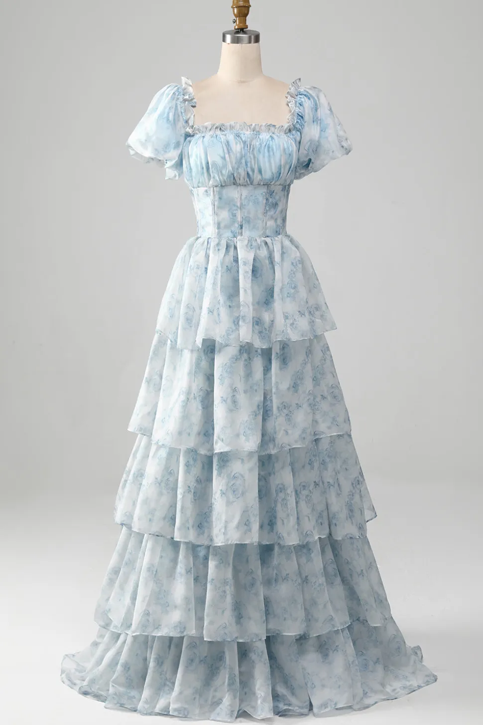Tule azul claro vestido de baile de formatura com espartilho