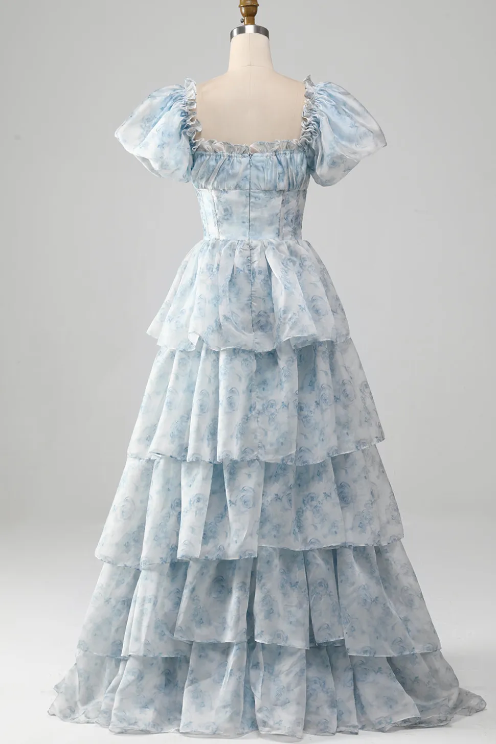 Tule azul claro vestido de baile de formatura com espartilho