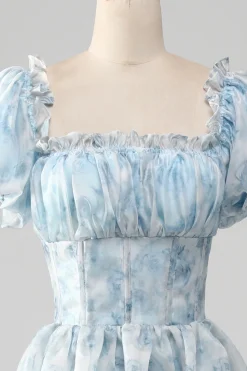 Tule azul claro vestido de baile de formatura com espartilho
