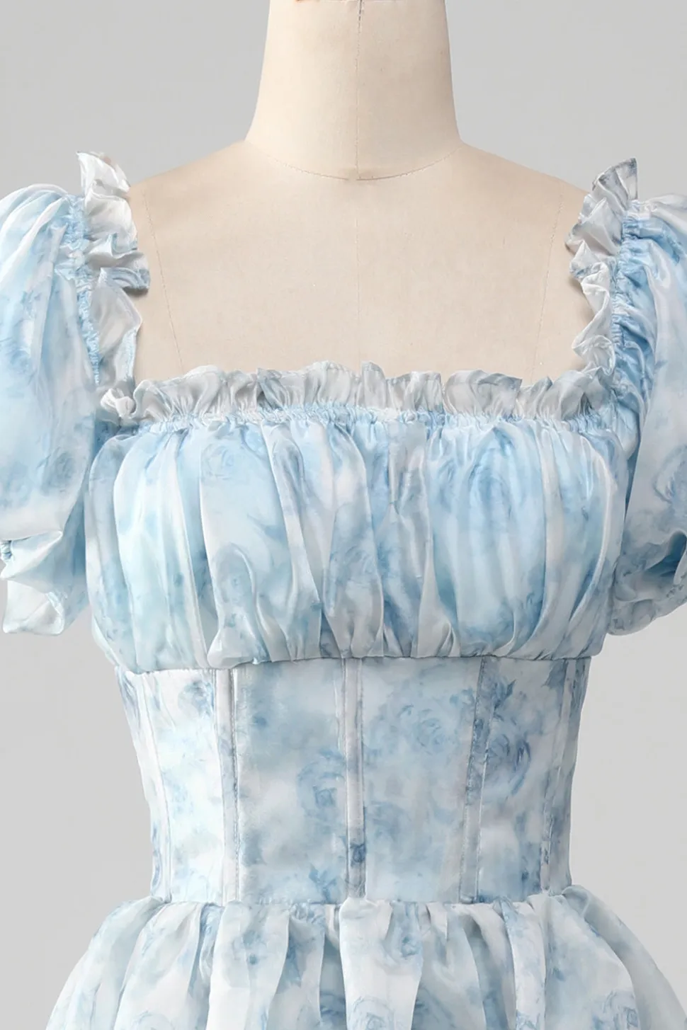 Tule azul claro vestido de baile de formatura com espartilho
