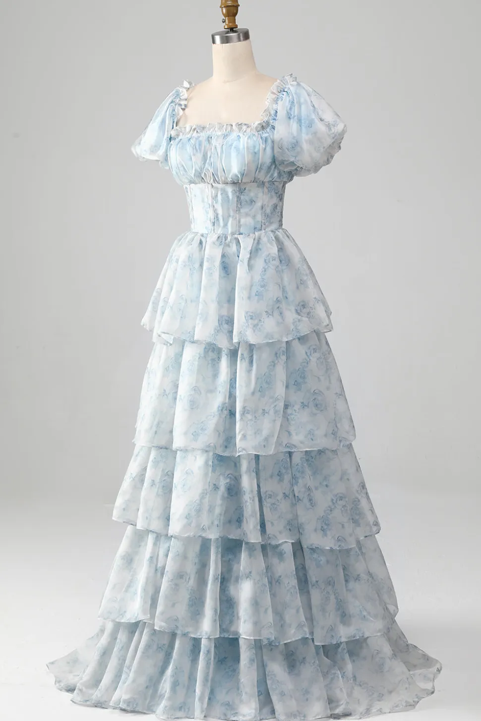 Tule azul claro vestido de baile de formatura com espartilho