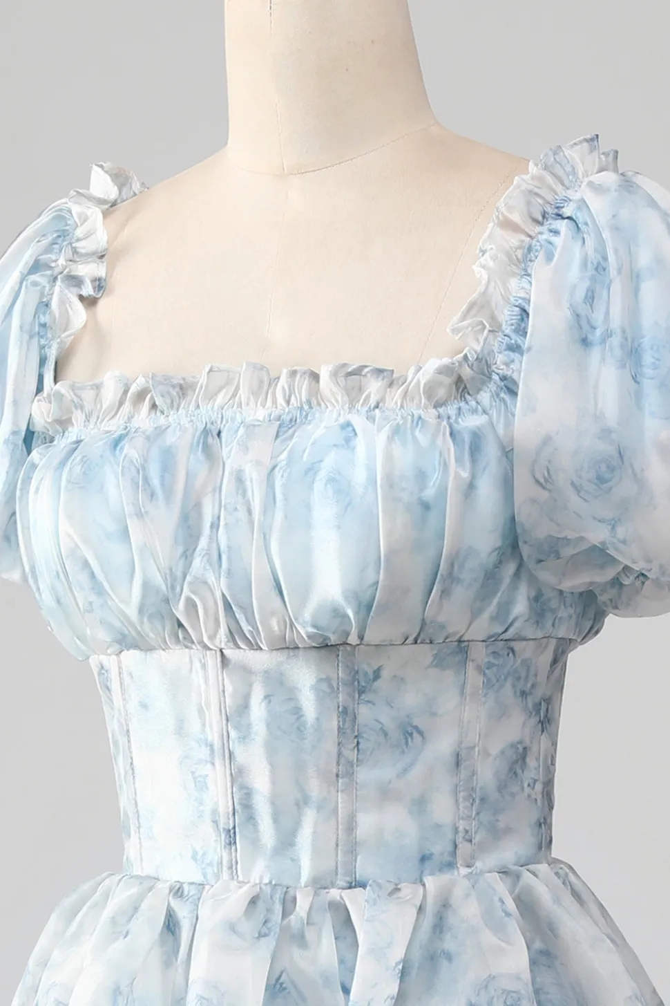 Tule azul claro vestido de baile de formatura com espartilho