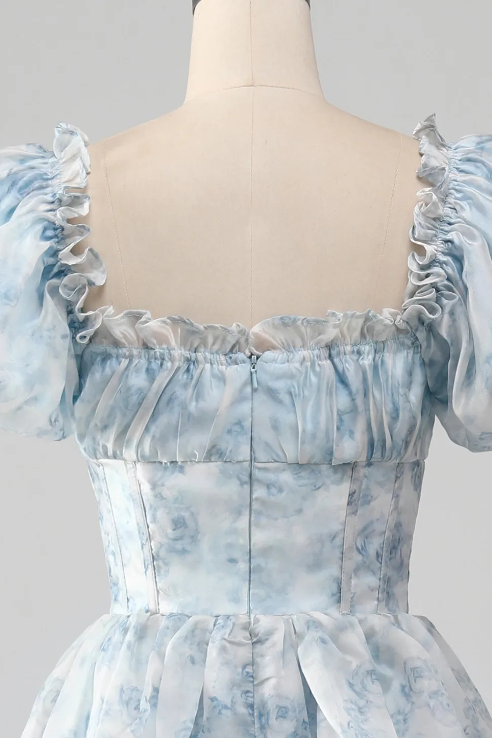 Tule azul claro vestido de baile de formatura com espartilho