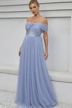 Tule Azul Fora do Ombro Um Vestido Formal Linha