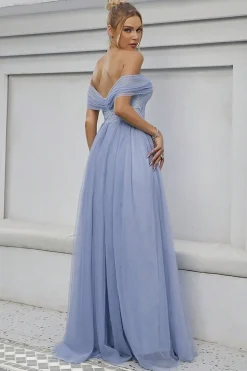Tule Azul Fora do Ombro Um Vestido Formal Linha