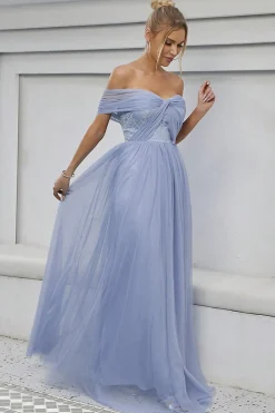 Tule Azul Fora do Ombro Um Vestido Formal Linha