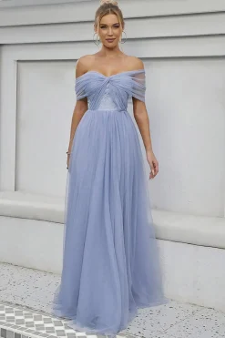 Tule Azul Fora do Ombro Um Vestido Formal Linha
