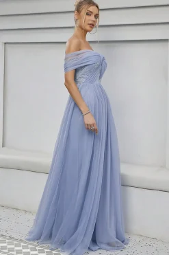 Tule Azul Fora do Ombro Um Vestido Formal Linha
