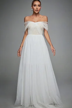 Tule Azul Fora do Ombro Um Vestido Formal Linha