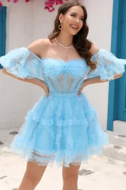 Tule Azul Fora do Ombro Vestido Curto