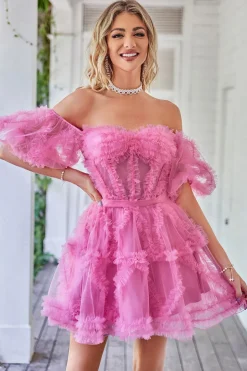 Tule Azul Fora do Ombro Vestido Curto