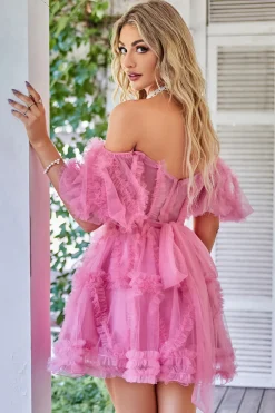 Tule Azul Fora do Ombro Vestido Curto