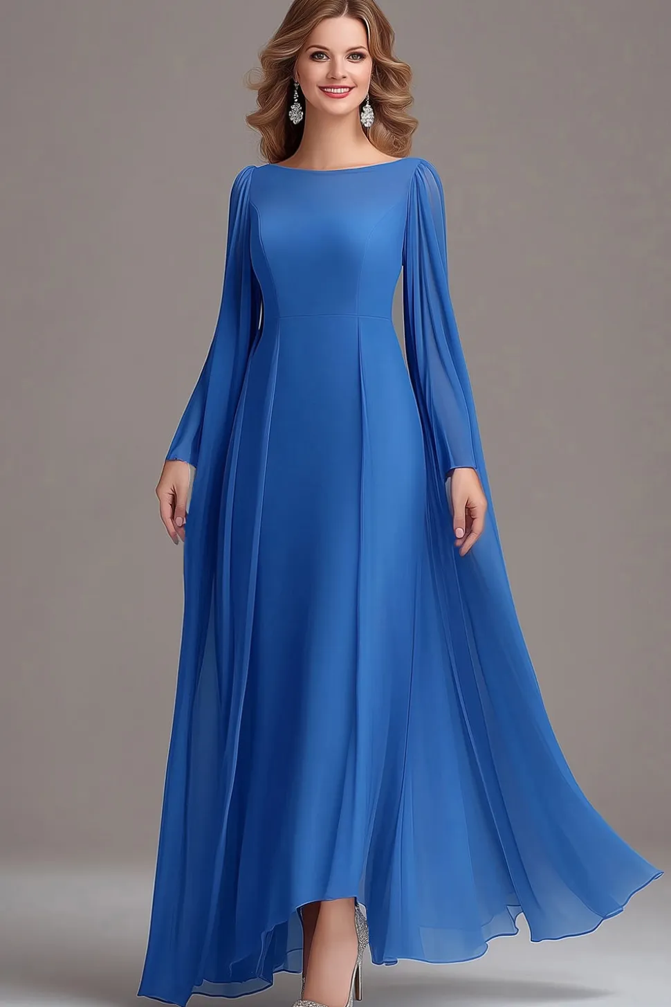 Tule Azul Mangas Longas Uma Linha Barco Pescoço Mãe Do Vestido De Noiva