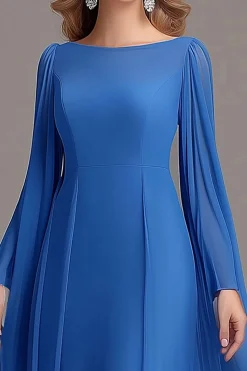 Tule Azul Mangas Longas Uma Linha Barco Pescoço Mãe Do Vestido De Noiva