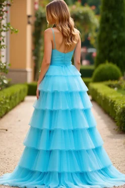 Tule Azul Uma Linha Esparguete Correias Longo Vestido de Baile com Fenda