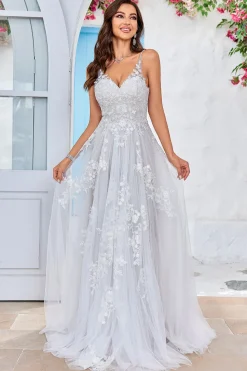 Tule Backless Marfim Long A Line Vestido de Noiva com Bordado